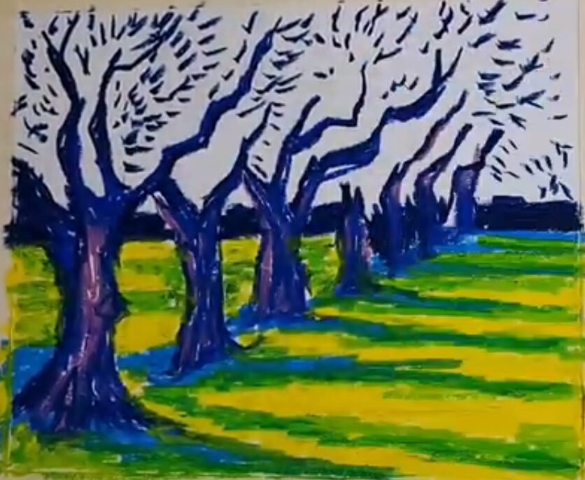 Draw an oil pastels landscape inspired by Impressionism with 6 oil