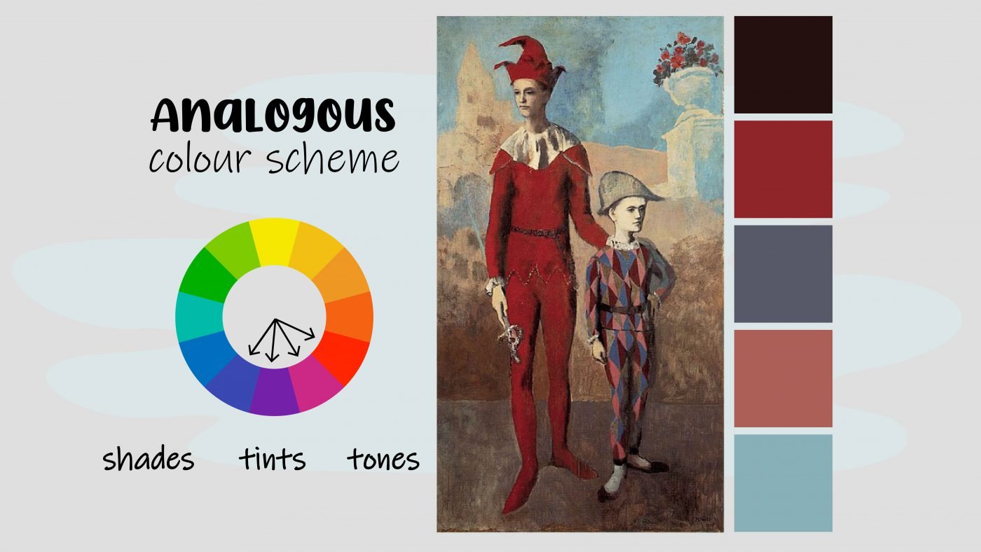 Breakdown of Picasso's harlequin paintings analogous colour scheme Lillian Gray