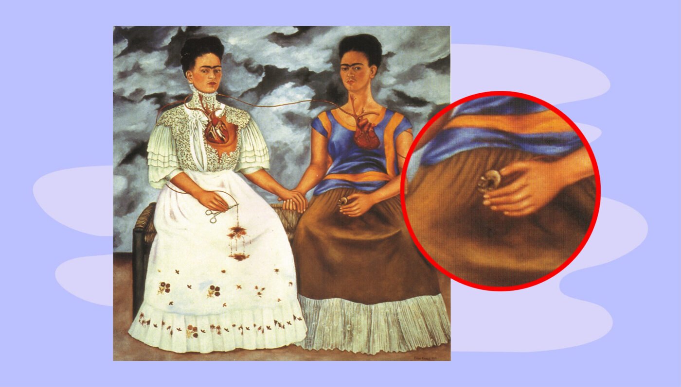 Famous paintings by artist Frida Kahlo called the Two Fridas showing a close up of Frida holding a portrait of Diego Rivera