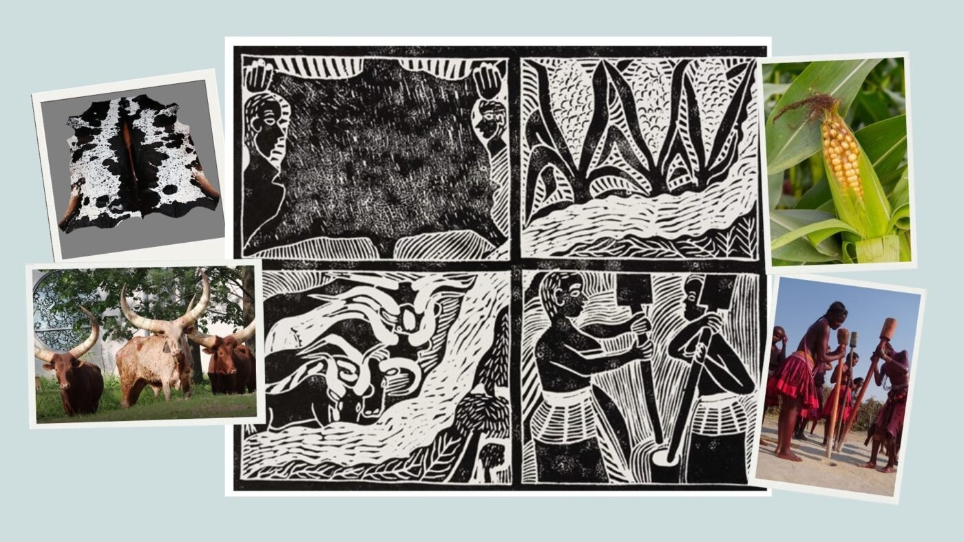 Artist John Muafangejo depicts Ovambo tribal life in his artworks.