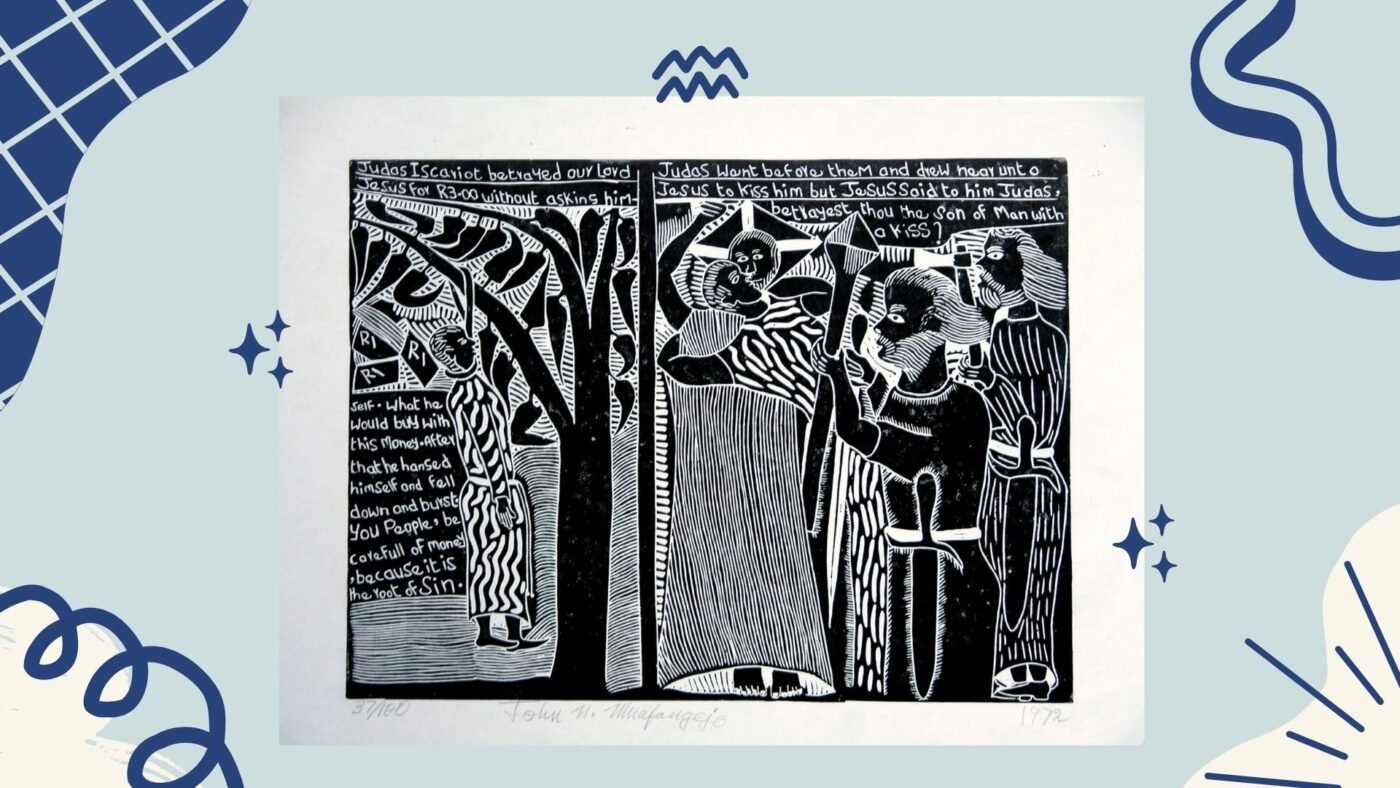 Judas Iscariot betrayed our Lord Jesus for R3.00 Linocut - 1973